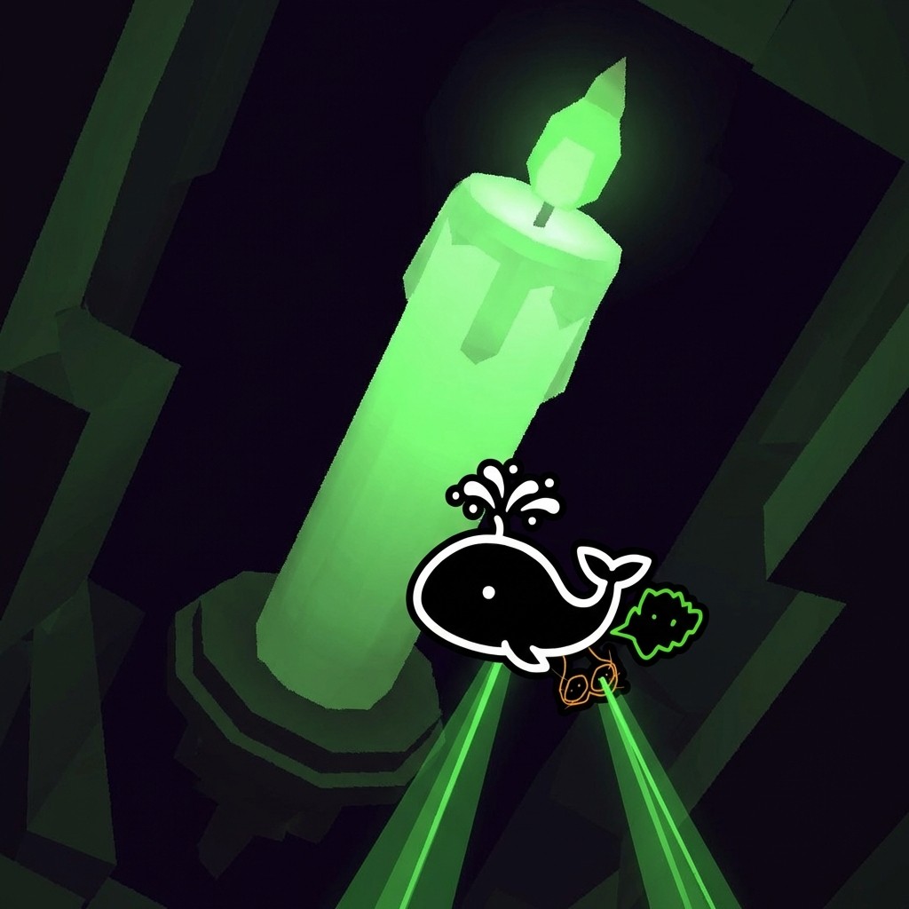 Green candle with whale logo and accessories