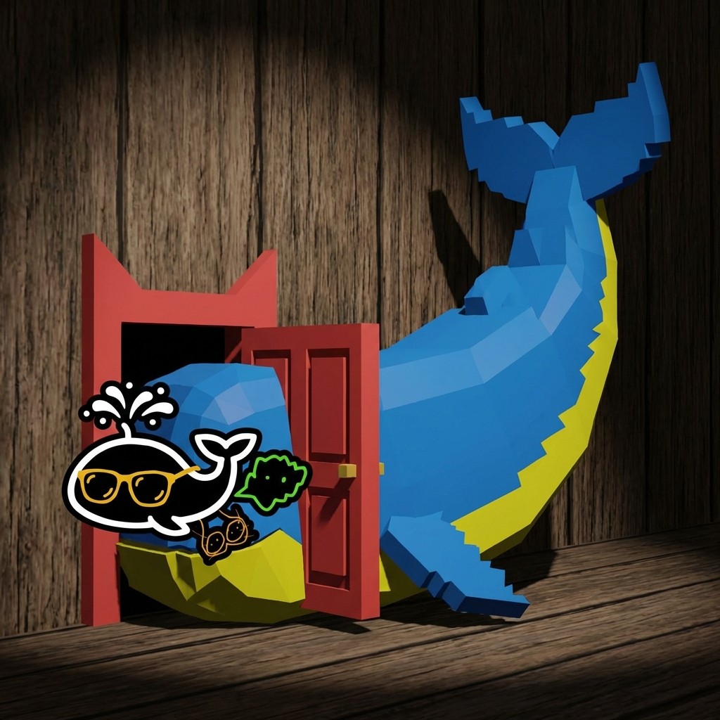 Blue whale emerging from small red door