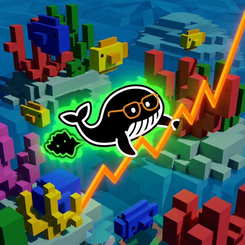 Whale with sunglasses and chart arrow underwater