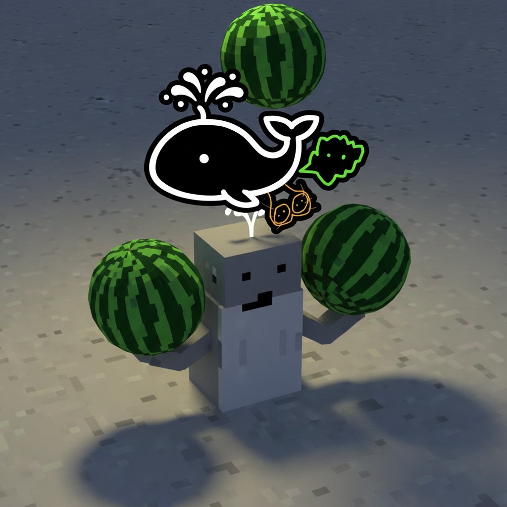 Whale with watermelons in desert scene