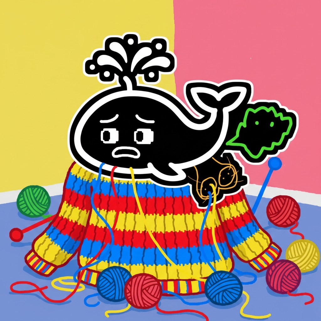 Whale wearing colorful striped sweater with yarn