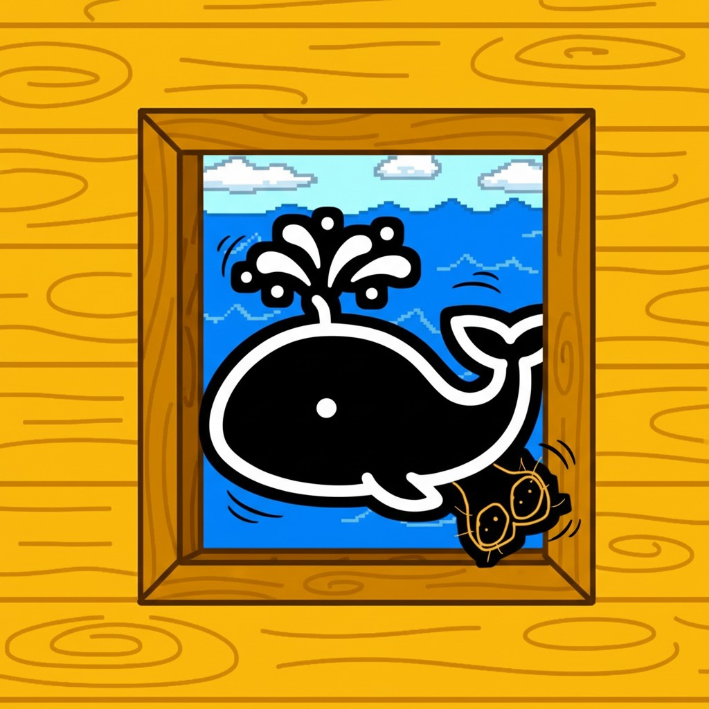 Whale in picture frame on yellow wooden wall