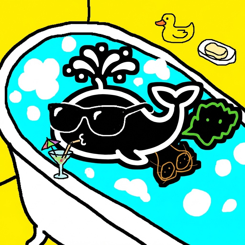 Whale relaxing in bathtub with cocktail