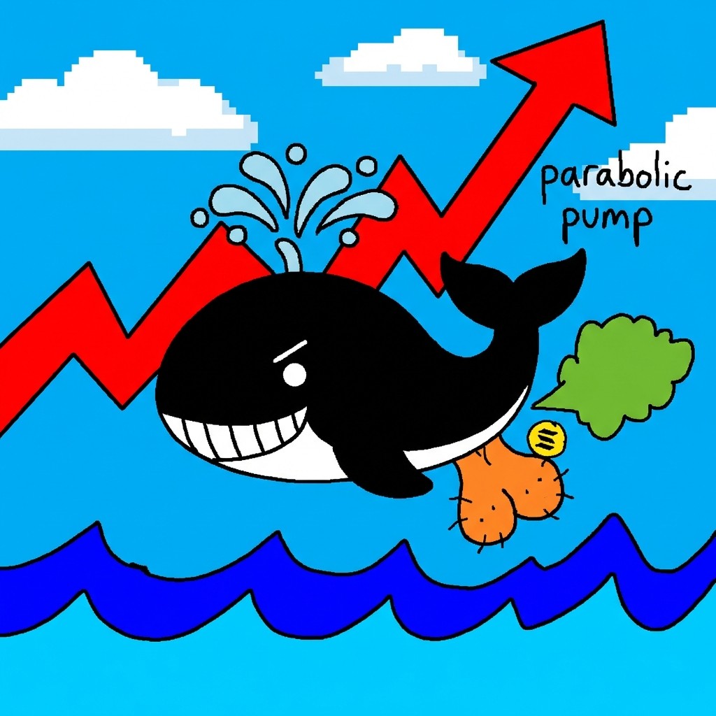 Whale with parabolic pump chart and upward arrow