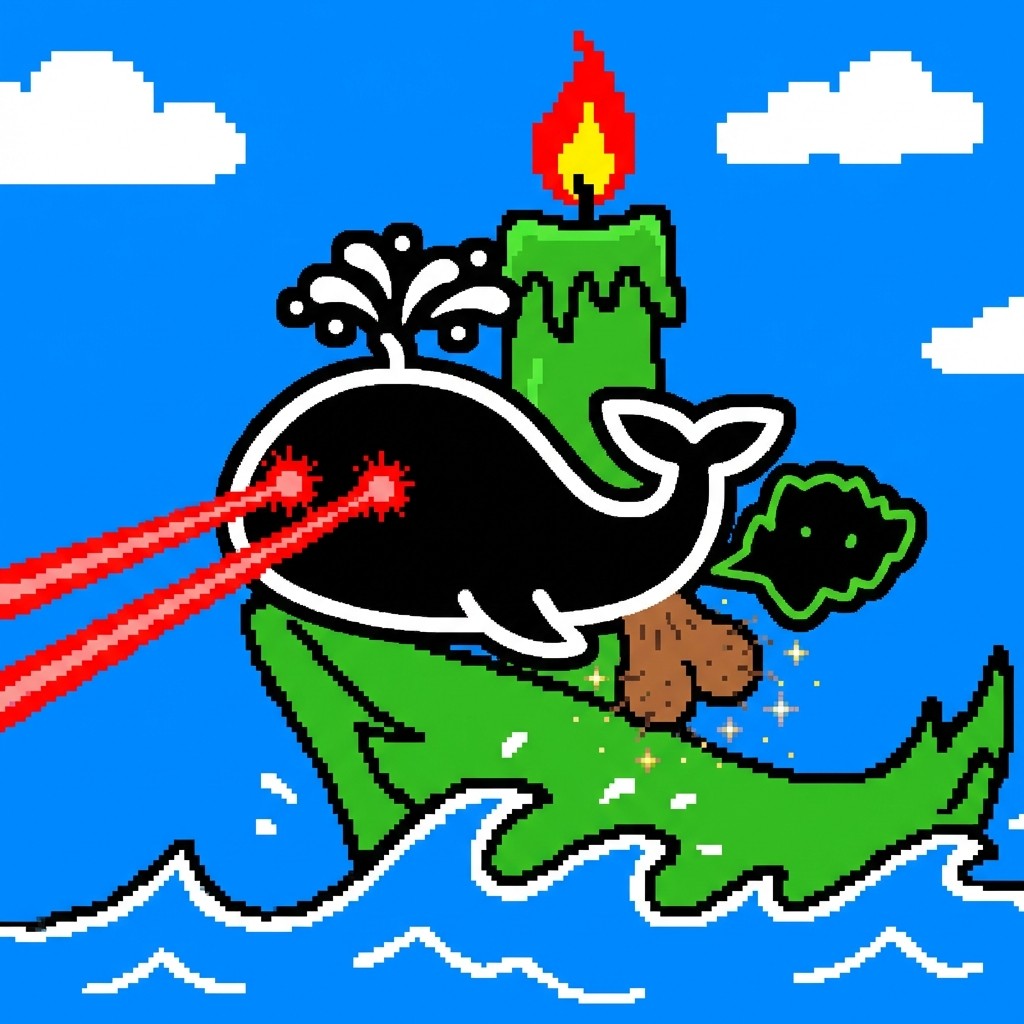 Whale riding dinosaur with laser eyes