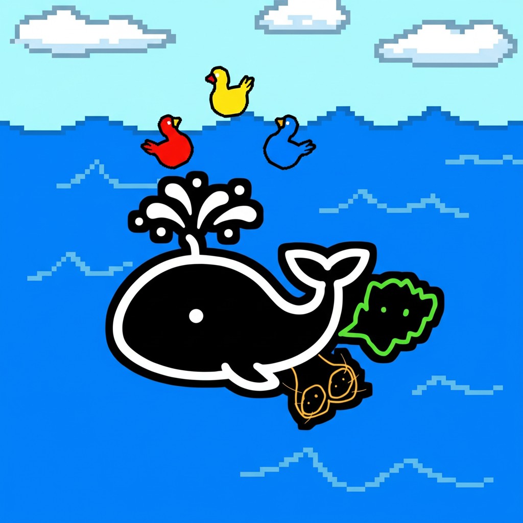 Whale with three colorful ducks swimming