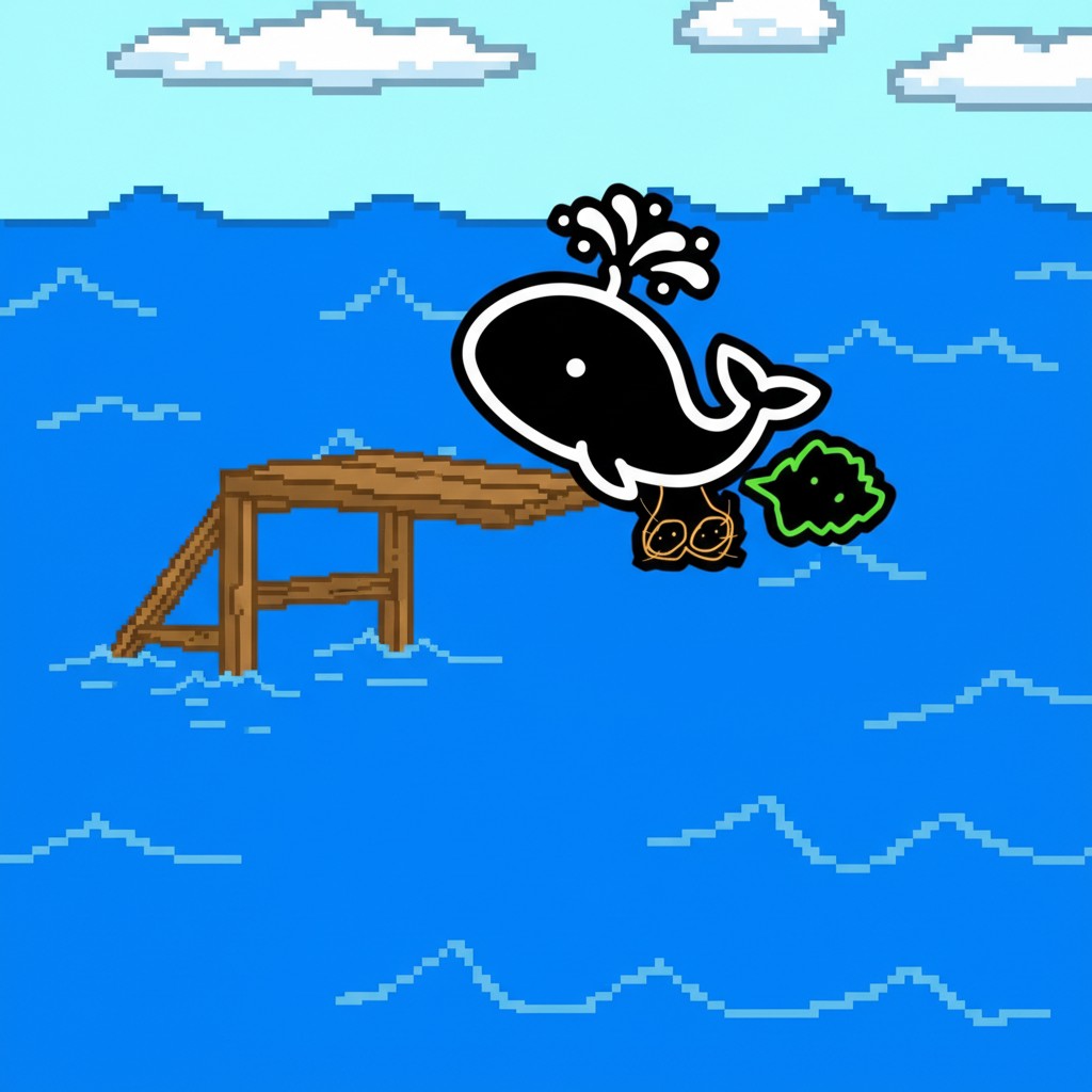 Whale jumping near wooden dock in ocean