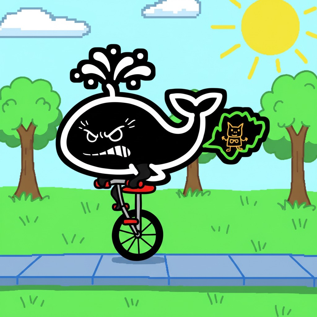 Angry whale riding unicycle